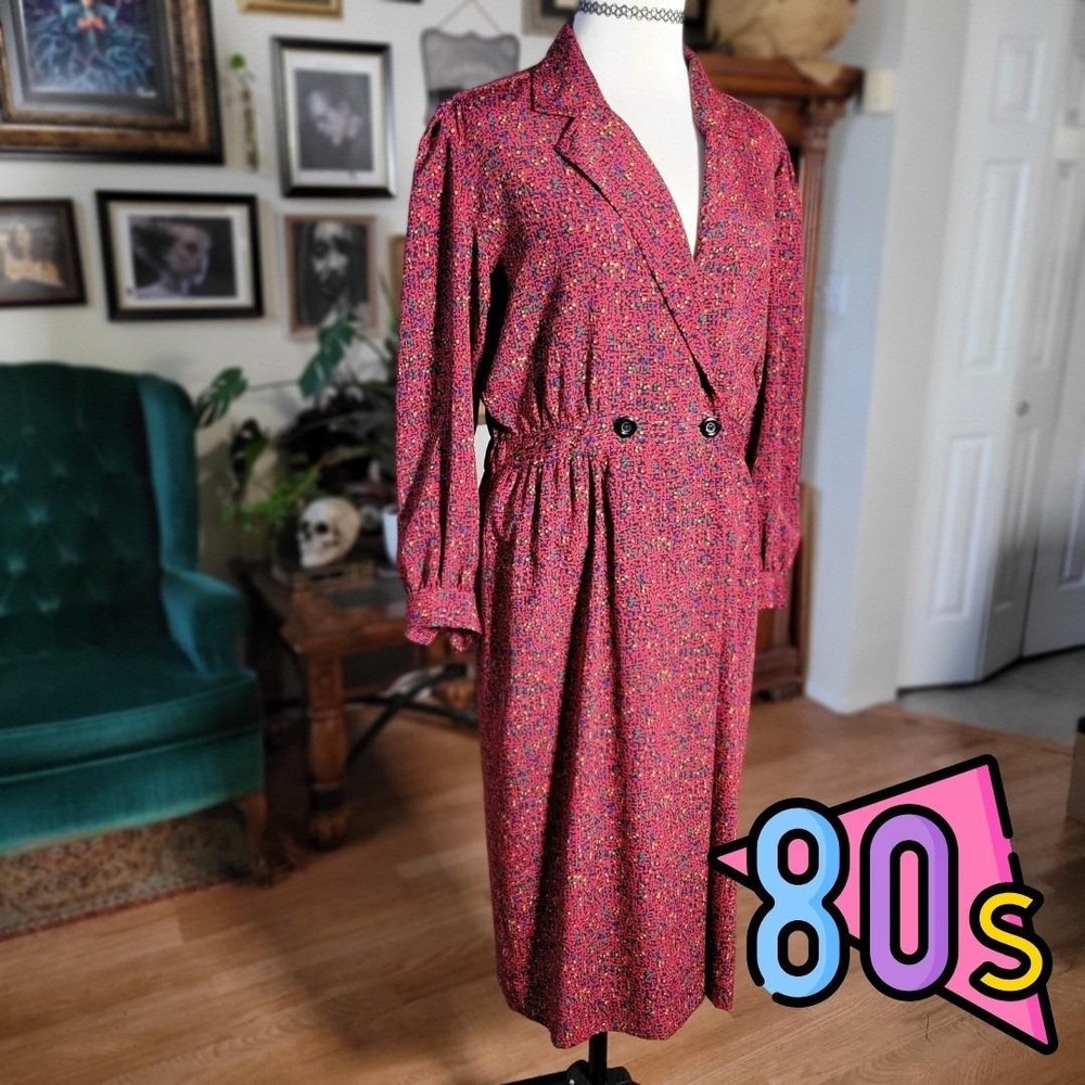 Liz Claiborne Red Dress Vintage 80s Abstract Print Double Breasted Midi 12
